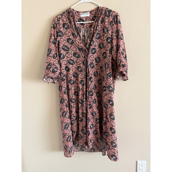 OneSeason Australia Dresses & Skirts - OneSeason Australia Pink Black Floral Cotton Lace Up Tunic Dress Womens Medium